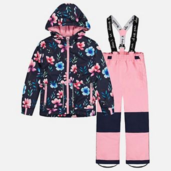 Little Kids Girl Floral Print Lightweight Two Piece Chill Snowsuit with Hooded Jacket and Snow Pants