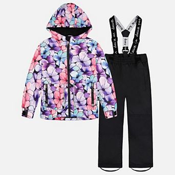 Big Kids Girl Floral Print Lightweight Two Piece Chill Snowsuit with Hooded Jacket and Snow Pants