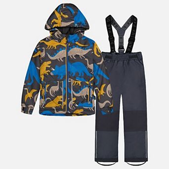 Big Kids Boy Dinosaur Print Lightweight Two Piece Snowsuit with Hooded Jacket and Snow Pants