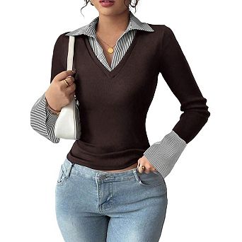 Women's Ribbed Long Sleeve Striped Collared Shirt Fitted Dressy Top