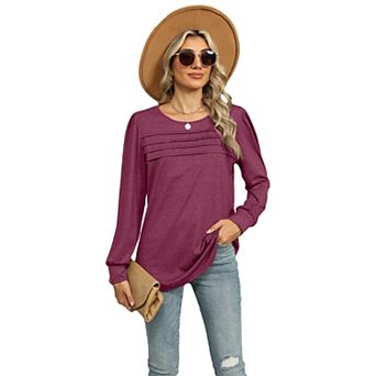 Women's Trendy Pleated Tunic Tops Casual Long Sleeve Shirts Blouses
