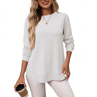 Women's Waffle Knit Long Sleeve Tops Loose Casual Versatile Basic Shirts