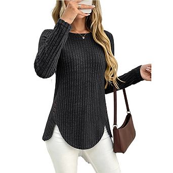 Women's Ribbed Crewneck Curved Long Sleeve Tops Solid Color Button Shirts