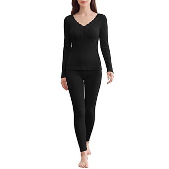 Thermal Underwear for Women Lace Trim Fleece Lined Base Layer Set
