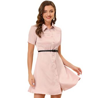 Women's Elegant Satin Dresses Short Sleeve Button Down Belted Shirt Dress