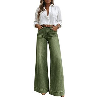 Women High Waist Wide Leg Denim Jeans, Vintage Washed Loose Fit Trousers with Deep Pockets