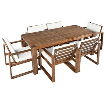 7 pc Patio Dining Set for 6, Wood Frame, Umbrella Hole, Removable Cushions