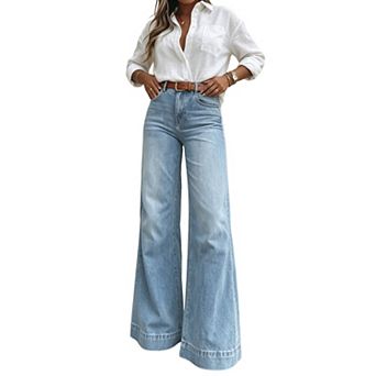 Women High Waist Wide Leg Denim Jeans, Retro Flared Long Trousers with Cuffed Hem