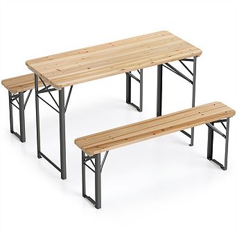 47" Foldable Picnic Table with 2 Benches Solid Fir Wood Outdoor Dining Set for Patio Garden Backyard