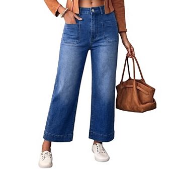 High Waist Flare Denim Jeans, Square Patch Front Pockets Cuffed Hem Stretch Wide Leg Jeans for Women