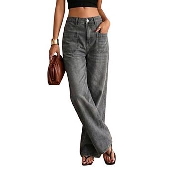 Women High Waist Wide‑Leg Denim Jeans, Casual Straight Leg Cargo Pants with Big Patch Pockets