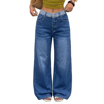 Women High Waist Wide Leg Jeans, Contrast Waistband Loose Fit, Casual Baggy Denim Pants