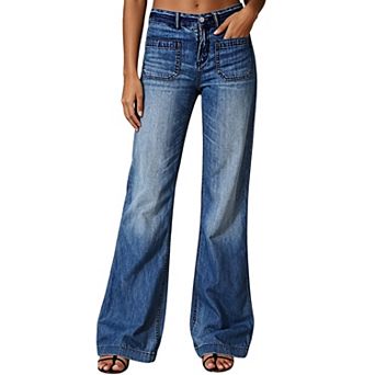 High Waist Flare Jeans, Square Patch Front Pockets Vintage Washed Stretch Wide Leg for Women