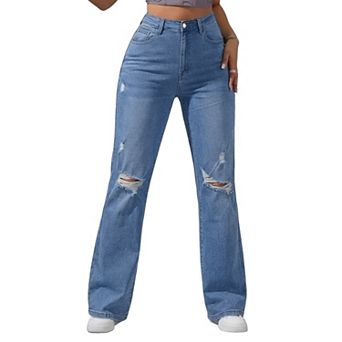 Women High Waist Ripped Flare Jeans Distressed Frayed Hem Stretch Denim Pants with Pockets
