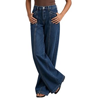 Women High Waist Wide Leg Denim Jeans, Front Seam Detail Loose Long Denim Trousers