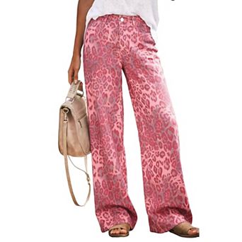Women's High‑Waist Leopard Print Wide Leg Jeans, Casual Loose Fit Denim Pants