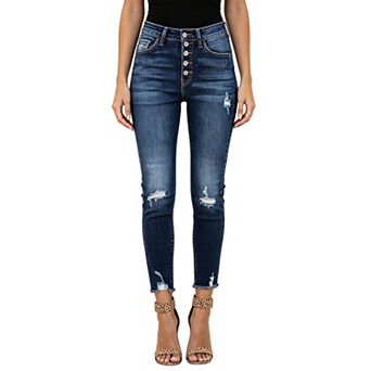 Women's High Waist Button Fly Ripped Skinny Jeans, Frayed Hem Stretch Cropped Denim Pants