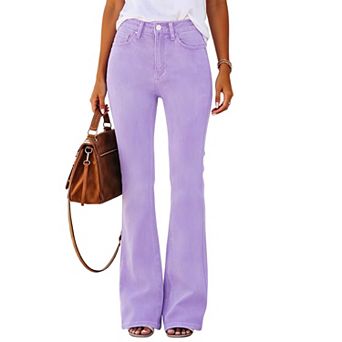 Women's High Rise Solid Flare Denim Pants,Button Closure Full‑Length Bootcut Jean Trousers