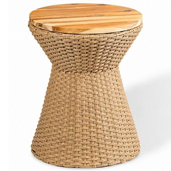 14.2" Natural Resin Wicker Accent Table with Steel Frame for Indoor & Outdoor Use