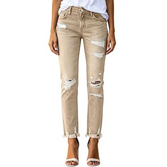 Women's Ripped Distressed Jeans, Button Fly Frayed Hem Straight Leg Denim Pants