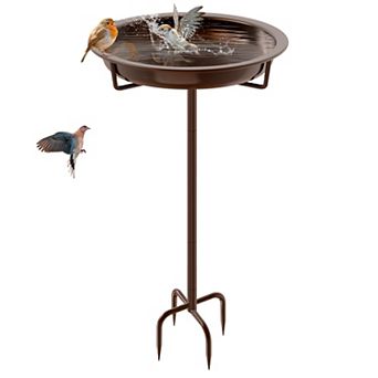 Metal standing bird bath with 4-prong stake base, 36.2-inch outdoor garden accent, brown