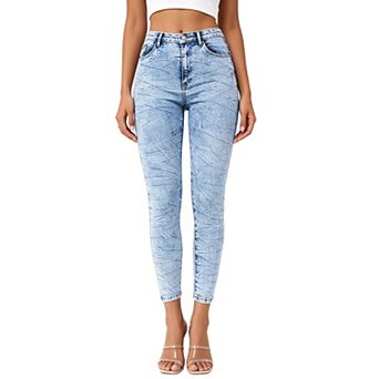 Women's High‑Rise Skinny Ankle Jeans, Unique Washed Pattern Slim Fit Denim Pants