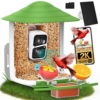 Smart bird feeder with camera, 2K HD, solar panel, 32GB card, wide-angle view, weather resistant