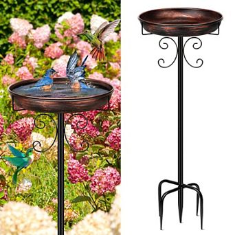 Tall metal bird bath with five-prong stake base, 35-inch freestanding outdoor garden accent