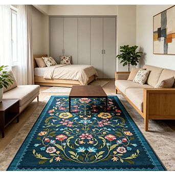 Vintage Floral Area Rug Washable Carpet mark Resistant Rugs for Living Room