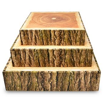 Wood Cake Stand Set 3 pc Square Cardboard Dessert Display Tree Bark Base Wedding Decor