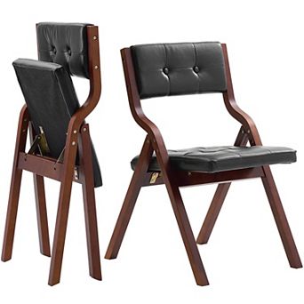 VEVOR Wooden Folding Chairs with Leather Cushion, Set of 2, with Wooden Frame, Easy Assembly,Black