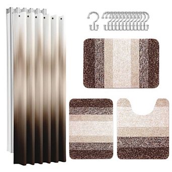 Stripes Bathroom Set Shower Curtain Rug Mat Hooks