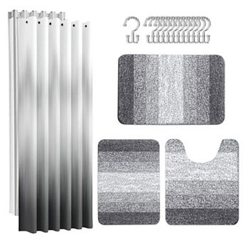Stripes Bathroom Set Shower Curtain Rug Mat Hooks