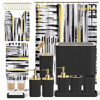 Bathroom Set Shower Curtain Rugs Toilet Brush Trash Can Qtip Holder Soap Dispenser