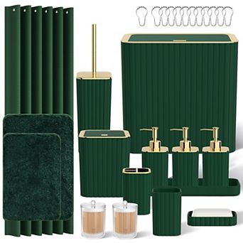 Bathroom Set Shower Curtain Rugs Toilet Brush Trash Can Qtip Holder Soap Dispenser