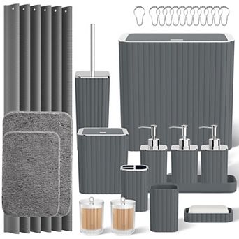 Bathroom Set Shower Curtain Rugs Toilet Brush Trash Can Qtip Holder Soap Dispenser