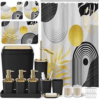 Bathroom Set Shower Curtain Rugs Trash Can Toilet Brush Soap Dispensers