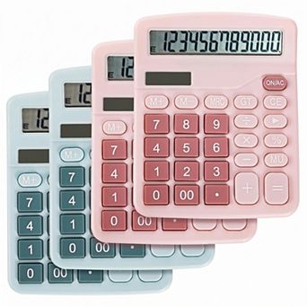4-Pack Handheld Calculators: Solar Dual Power, 12-Digit Large Display Basic Office School Calc