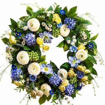 24 Inch Artificial Spring Summer Wreath with Hydrangea Anemone Berries for Front Door Indoor Outdoor
