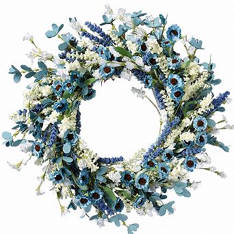 22 Inch Artificial Spring Wreath Blue White Flowers Green Leaves Front Door Decor