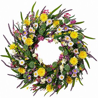 24 Inch Artificial Spring Wreath Lavender Daisy Floral For Front Door Home Decor