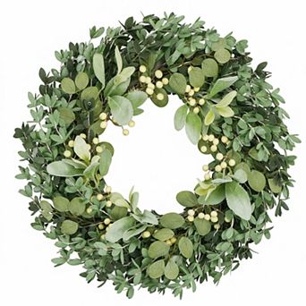 22 Inch Soft Touch Boxwood Wreath All Seasons Greenery Lambs Ear White Berries Front Door Decor