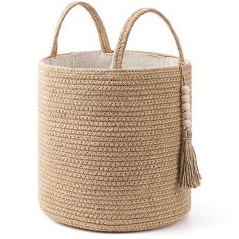 Woven Rope Storage Basket with Wooden Beads and Handles