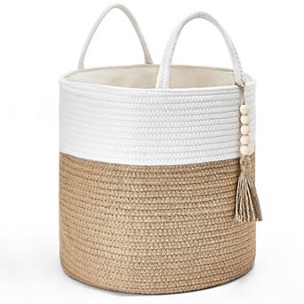 Woven Rope Storage Basket with Wooden Beads and Handles