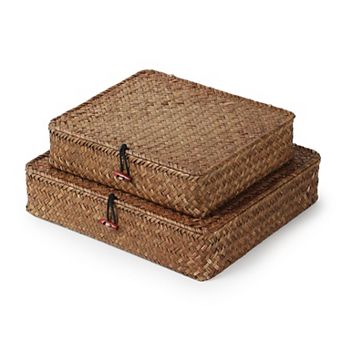 Woven Storage Baskets with Lids Rectangular Set 2