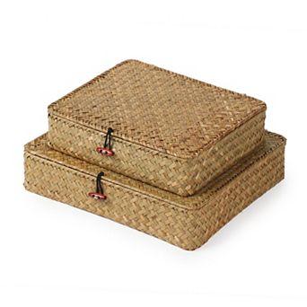 Woven Storage Baskets with Lids Rectangular Set 2