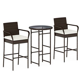 3 pc Outdoor Bar Set with Wicker Two Chairs Tempered Glass Table and Cushions