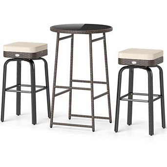 3 pc Outdoor Swivel Bar Furniture Set with Rattan Chairs Glass Table and Footrests
