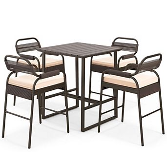 5 pc Patio Counter Height Dining Set with Rattan Bar Table and Removable Cushioned Stools