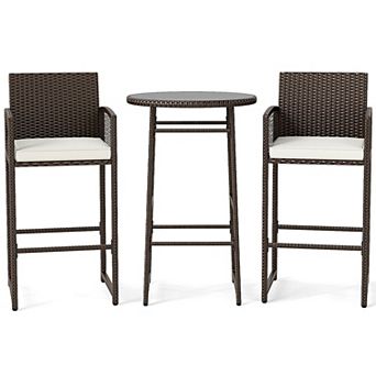 3 pc Outdoor Bar Height Seating Set with Wicker Armchairs Tempered Glass Table